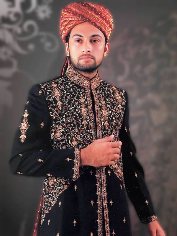 Designer Menswear Sherwani Tyne and Wear Suiting Fabric Sherwani in Black Color