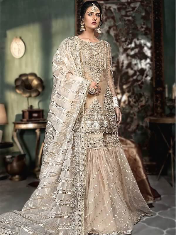 Buy Bridal Wear Sky Blue Net Embroidery Work Sharara Suit 148702 Online