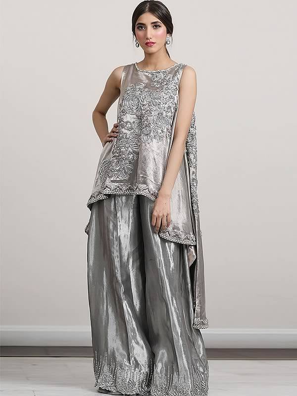 Designer Sharara, Bridesmaid Sharara, Party Wear Sharara, Sharara Kansas City, Missouri, Sharara USA, Indian Sharara Suits, Pakistani Sharara Suits, Sadaf Fawad Sharara Suits, Abstract Flower Silver