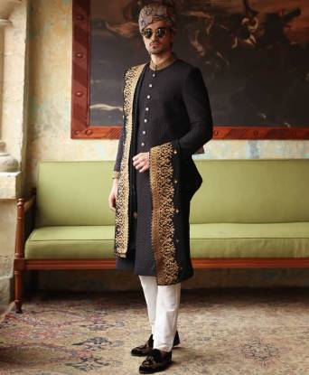 Black Check Dots Embroidered Sherwani Saihat Al Qatif Saudi Arabia Grooms Sherwani for Mens