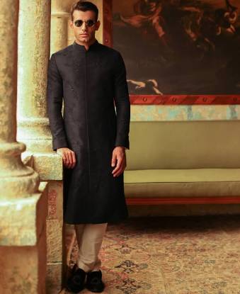 Black Hand Embroidered Sherwani Al Rayyan Qatar Designer Mens Sherwani Suit