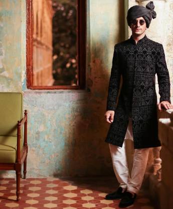 Black Velvet Embroidered Sherwani Al Rayyan Qatar Stylish Embroidered Sherwani Suits