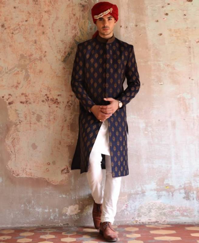 Blue Heavy Embroidered Sherwani Alrayyan Qatar High Quality Mens Sherwani