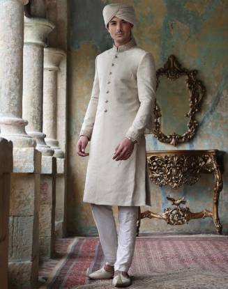 Golden Karandi Jamawar Embroidered Sherwani Muscat Oman Sherwani for Friends Wedding