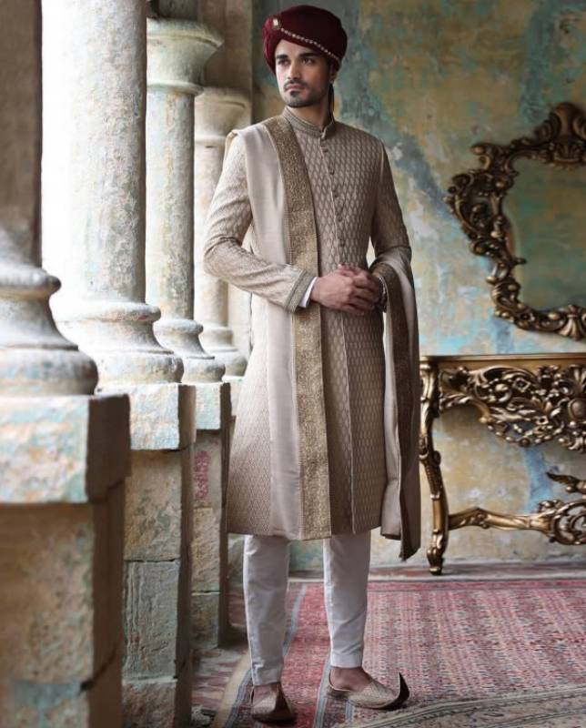 Rope Check Diamond Embroidered Sherwani Dorset England UK Graceful Mens Sherwani in Jamawar