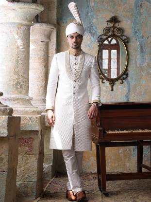 White Check Dots Embroidered Sherwani Surrey England UK Designer Mens Sherwani Suit