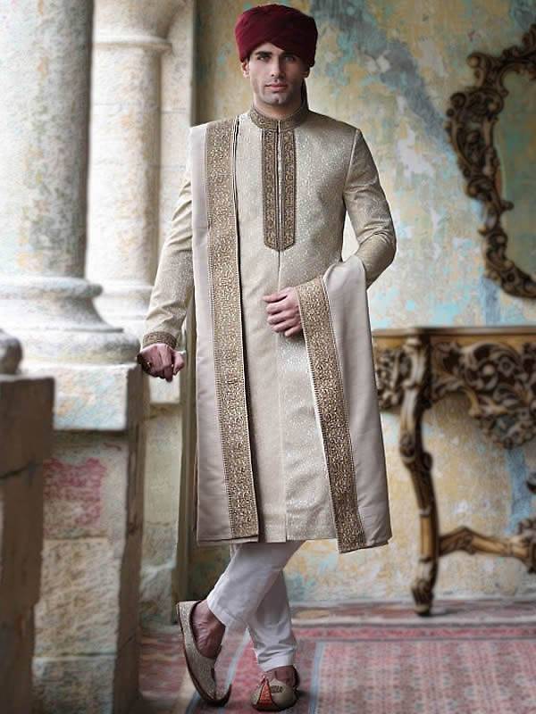 Beige Jamawar Sherwani Newcastle England UK Ismail Farid Sherwani Suits