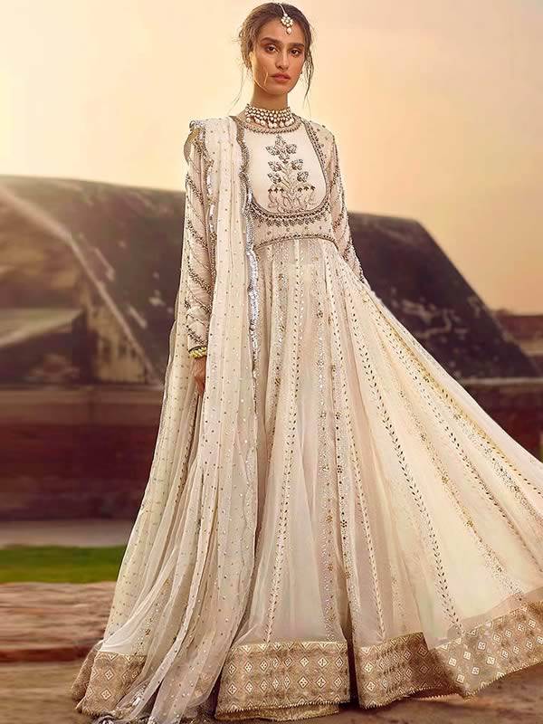 Buy Off White Georgette Trail Cut Anarkali Suit Online - 1863 | Andaaz  Fashion