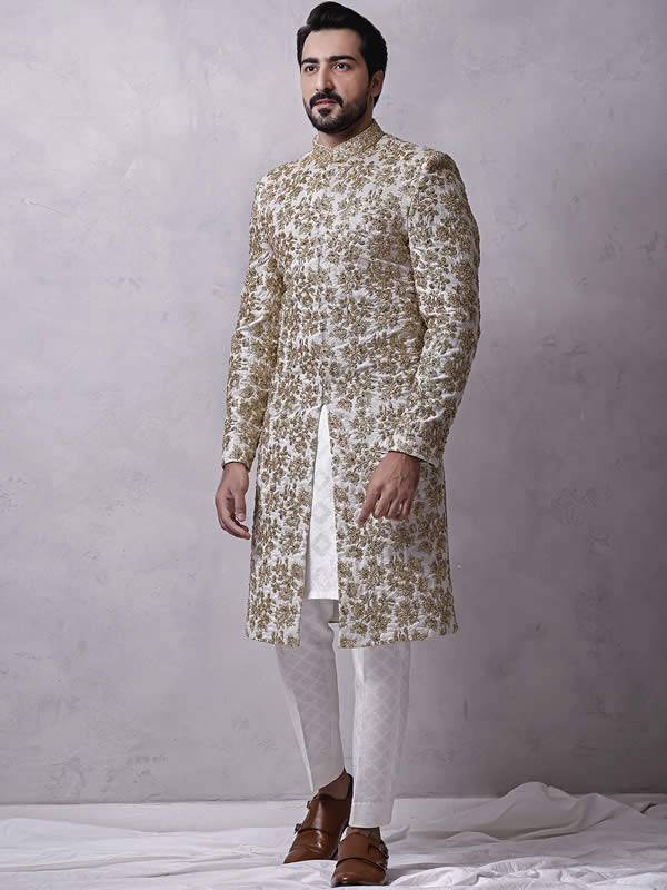 Graceful Mens Sherwani in Raw Silk Keynes UK On-Trend Groomswear Sherwani