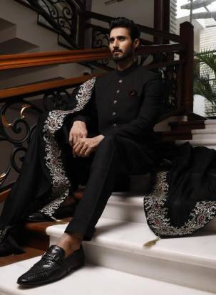 Graceful Black Mens Sherwani Holland Netherland Stylish Embroidered Sherwani Suits