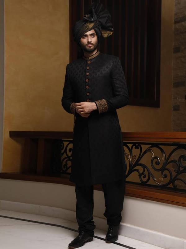 Black Mens Sherwani in Jamawar Canberra Australia Stylish Embroidered Sherwani Suits