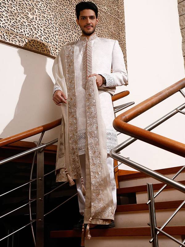 Off-White Mens Sherwani in Jamawar Artesia California CA USA Sherwani Brands in Pakistan