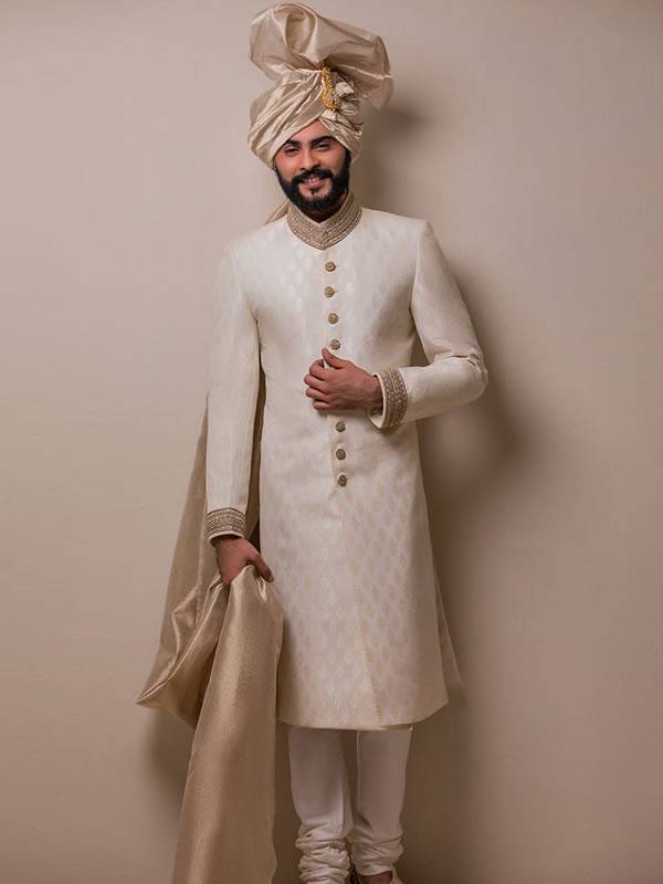 Off-White Mens Sherwani in Jamawar Diamond Bar California CA USA Groomswear Jamawar Sherwani