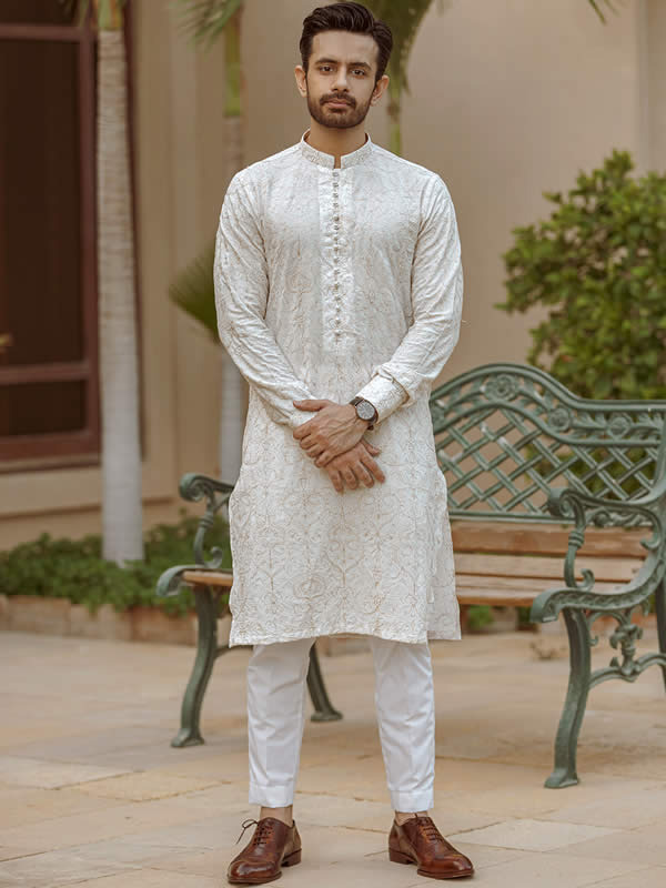 Off-White Linen Cotton Embroidered Kurta Set With Scalloped Doria Dupa –  Anahyta Arora