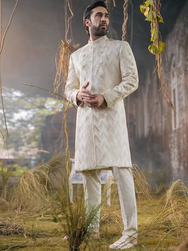 Off-White Mens Sherwani in Jamawar Oak Park Michigan MI US Sherwani and Kurta Combinations