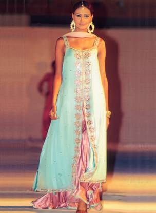 Aquamarine Long Shirt and Gharara along with Veil Dress	