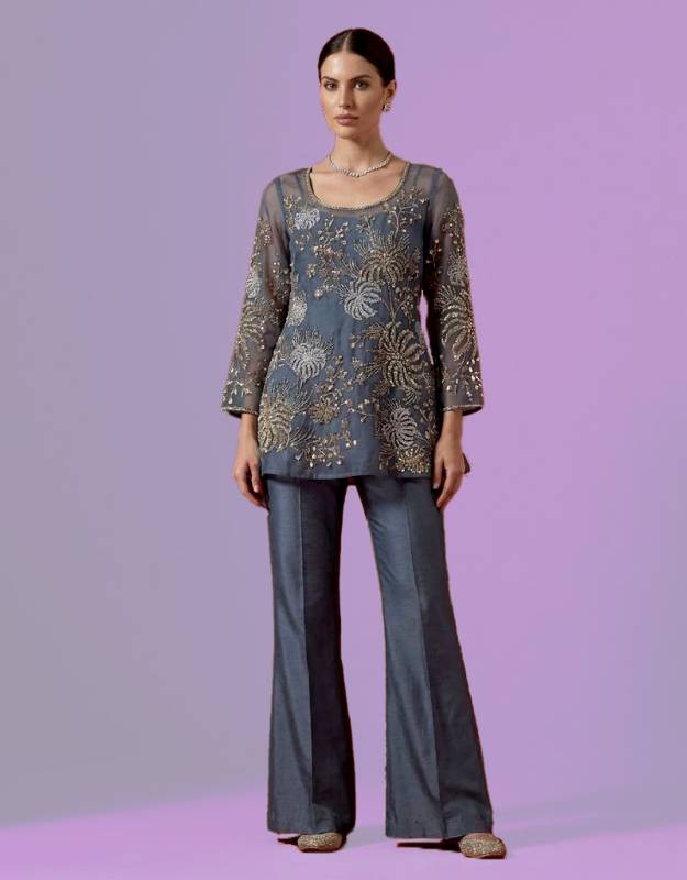 Heron organza short shirt with bootcut pants for sequin embroidered formal dresses, floral embroidered formal dresses, Indian and Pakistani wedding guest formal dresses, silk formal dresses, formal dress for winter weddings, short formal dress with sleeves, formal dress with bootcut pants.