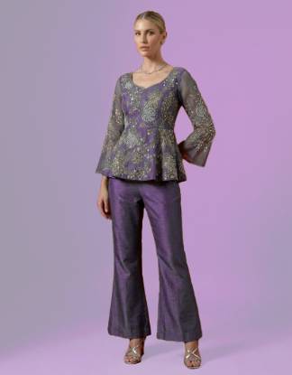 Zither organza short shirt with raw silk bootcut pants for Pakistani wedding guest dresses, Pakistani reception dresses, Pakistani mother of the bride dresses, affordable designer formal dresses, Pakistani designer formal dresses under $400, best designer formal dresses online, heavily embroidered formal dresses.