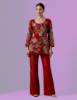 Deep Red organza short shirt with bootcut pants for sequin embroidered formal dresses, floral embroidered formal dresses, Indian and Pakistani wedding guest formal dresses, silk formal dresses, formal dress for winter weddings, short formal dress with sleeves, formal dress with bootcut pants.
