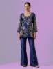 Dark Blue organza short shirt with bootcut pants for sequin embroidered formal dresses, floral embroidered formal dresses, Indian and Pakistani wedding guest formal dresses, silk formal dresses, formal dress for winter weddings, short formal dress with sleeves, formal dress with bootcut pants.