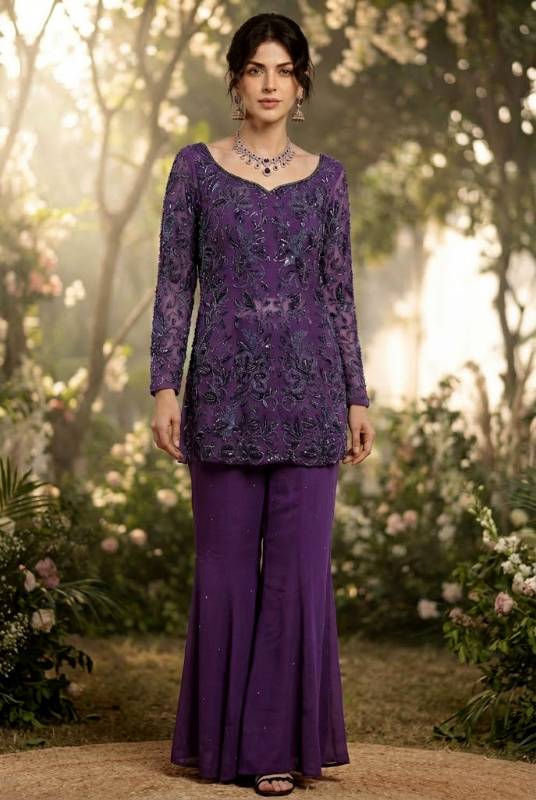 Imperial chiffon shirt with imperial chiffon flared pants for Pakistani formal dresses, designer formal dresses, embroidered formal dresses, traditional and luxury formal dresses, party wear formal dresses, Pakistani party wear dresses, formal wear dresses for women, Pakistani evening dresses, special occasion dresses.