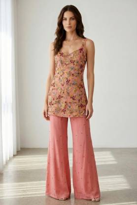 Desert peach chiffon shirt with matching chiffon flared pants for Pakistani wedding guest dresses, Pakistani reception dresses, Pakistani mother of the bride dresses, affordable designer formal dresses, Pakistani designer formal dresses under $300, best designer formal dresses online, heavily embroidered formal dresses.