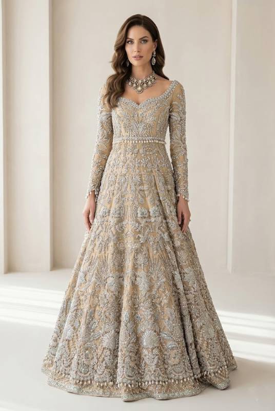 Peach champagne net gown with a peach champagne raw silk lehenga for a bridal gown for Pakistani brides in USA, wedding gown for Indian brides in UK, Pakistani bridal gown designs for wedding in USA, Pakistani bridal gown shopping, custom Indian bridal gown in UK, designer Pakistani bridal gown, lace bridal gown in Norway.
