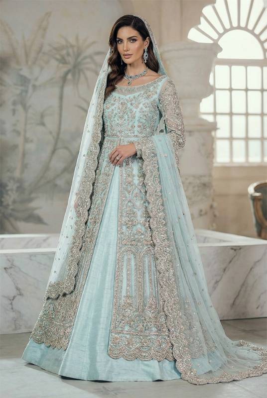 Oyster Bay net gown with a raw silk inner dress, suited to designer Pakistani wedding gown, traditional Pakistani bridal gown, Pakistani bridal gown collection, latest Pakistani bridal gown designs, Pakistani bridal gown for walima, reception, and baraat.