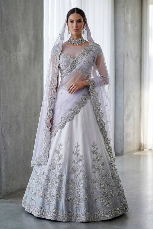 White net choli with white and three wishes gradient ombre raw silk lehenga for lightweight Pakistani bridal lehenga choli for summer weddings, Pakistani bridal lehenga choli for nikkah ceremony, affordable Pakistani bridal lehenga choli under $1500, Pakistani bridal lehenga choli stores near me, nikah bridal wear, nikah ceremony attire.