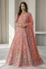 Coral Pink net gown and raw silk lehenga for a bridal gown for Pakistani brides in USA, wedding gown for Indian brides in UK, Pakistani bridal gown designs for wedding in USA, Pakistani bridal gown shopping, custom Indian bridal gown in UK, designer Pakistani bridal gown, lace bridal gown in Norway.