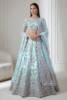 Italian Sky Blue white net choli with titan white and ghost ombre raw silk lehenga for Pakistani bridal lehenga choli with heavy embellishments for nikkah ceremony, Pakistani bridal lehenga choli stores in Houston, Pakistani bridal lehenga choli stores in Chicago, Pakistani bridal lehenga choli inspired by bollywood, nikah ceremony attire.