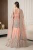 Melon Pink  net shirt paired with a melon pink net lehenga, positioned for Pakistani bridal dresses, bridal wear, bridal outfits, bridal couture, bridal gown and lehenga styles, traditional Pakistani bridal wear, designer bridal dresses, and bridal dresses for Pakistani brides.
