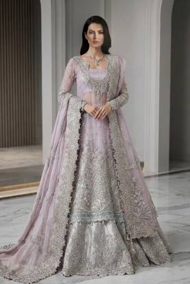 Quartz ametrine net pishwas with a light silver raw silk lehenga, aligned with traditional Pakistani bridal dresses, Pakistani bridal couture, Pakistani bridal lehenga and designer bridal lehenga styles, traditional and embroidered bridal lehenga designs, bridal lehenga trends, and bridal lehenga fashion.