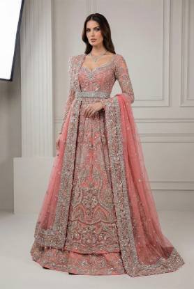 Geraldine net gown with a geraldine raw silk lehenga, fitting Pakistani bridal gown online shopping, boutique and designer trends, and styles for Nikah, Baraat ceremony, and Valima reception within Pakistani bridal gown collections.