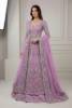 Light Medium Orchid net gown with a geraldine raw silk lehenga, fitting Pakistani bridal gown online shopping, boutique and designer trends, and styles for Nikah, Baraat ceremony, and Valima reception within Pakistani bridal gown collections.