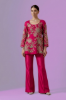 Dogwood Rose organza short shirt with bootcut pants for sequin embroidered formal dresses, floral embroidered formal dresses, Indian and Pakistani wedding guest formal dresses, silk formal dresses, formal dress for winter weddings, short formal dress with sleeves, formal dress with bootcut pants.